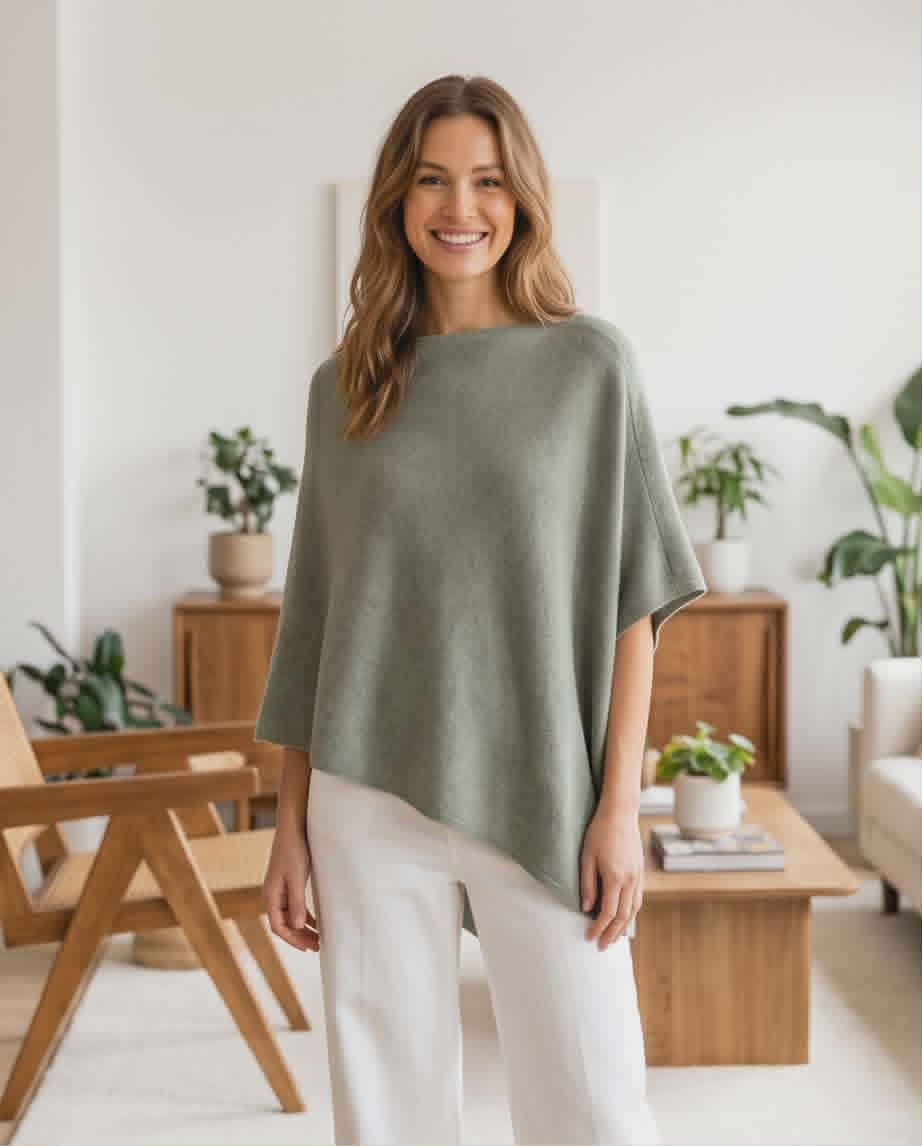 Petrina þunnprjónað Poncho Light khaki - Ein stærð
